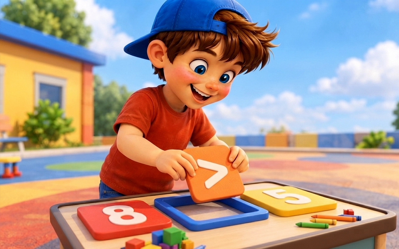 Niño comparando dos números con los símbolos menor, mayor o igual