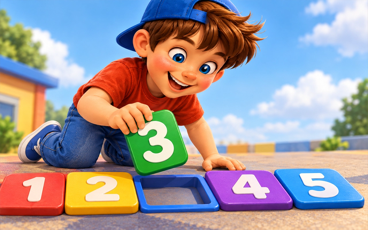 Niño completando la serie numérica del 1 al 5 colocando el número 3 en su hueco