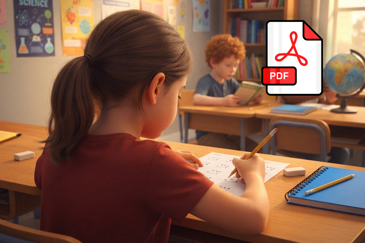 Niña creando fichas de matemáticas en PDF